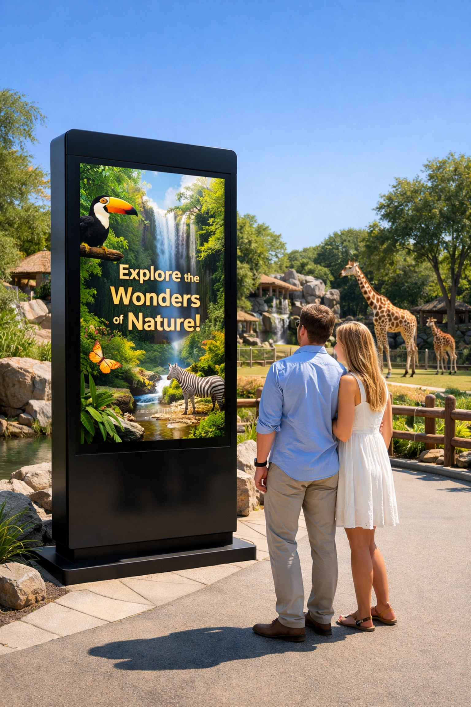 Interactive digital signage at a zoo habitat demonstrating modern zoo sponsorship and marketing innovation.