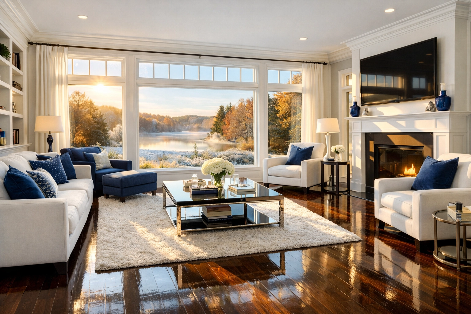 Pristine luxury Massachusetts living room showing the results of professional house cleaning services in MA.