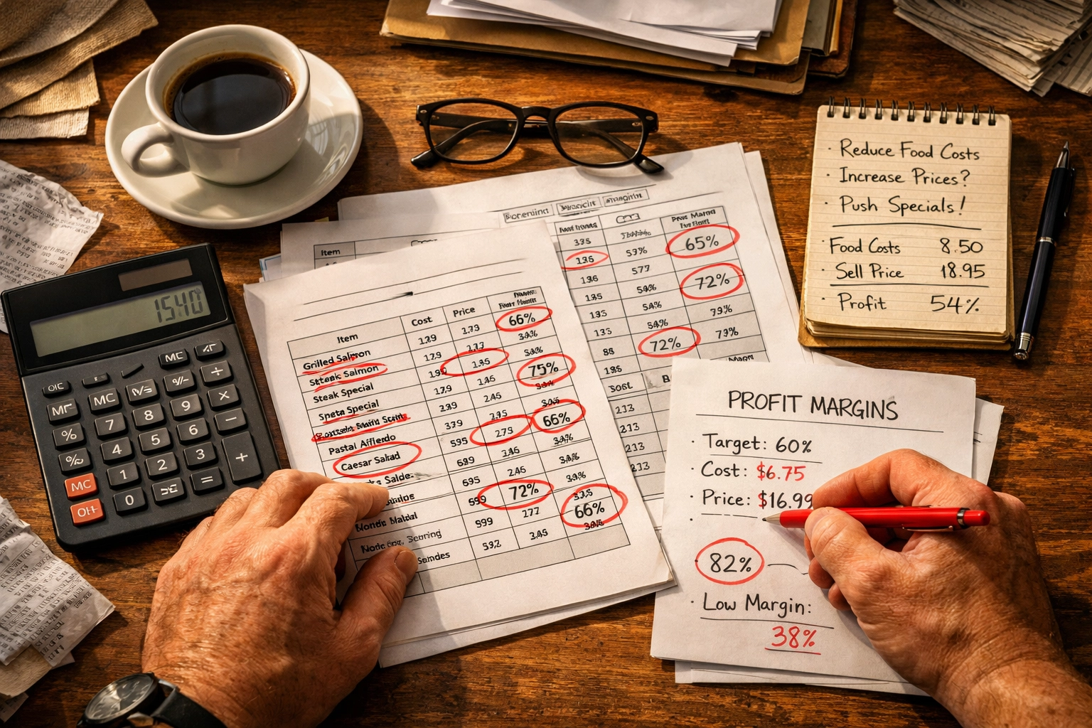 Restaurant owner analyzing menu engineering spreadsheets with profit margin calculations