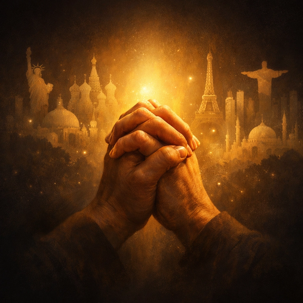 Hands clasped in prayer for global peace amid violence and conflict