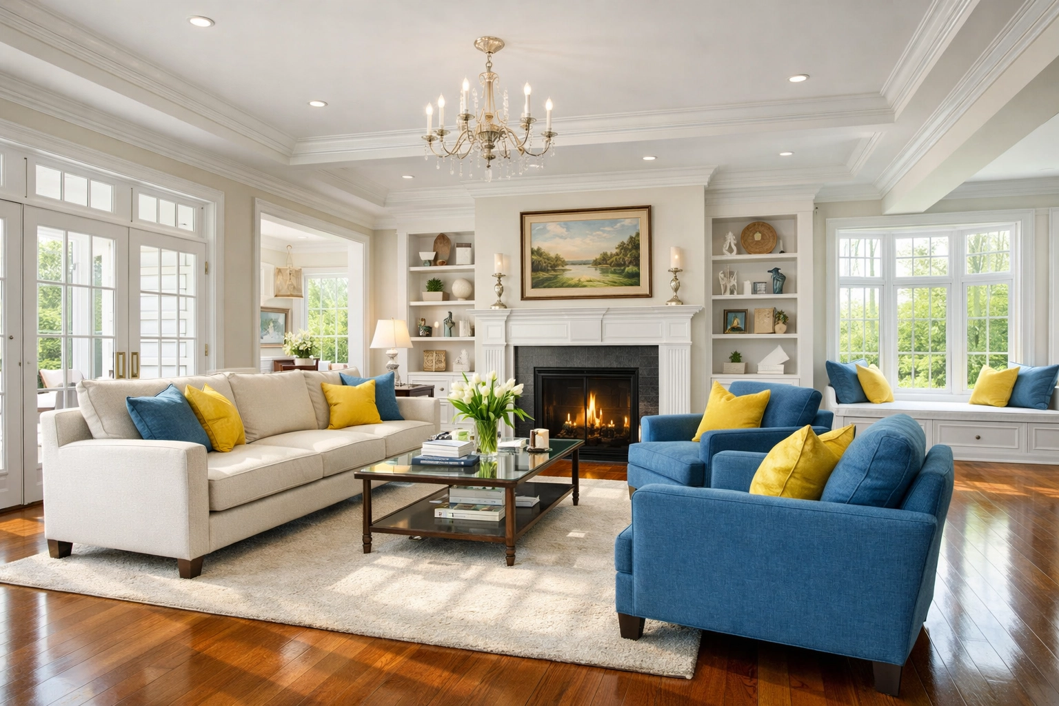 Pristine Marlborough living room showcasing professional house cleaning results on polished hardwood floors.