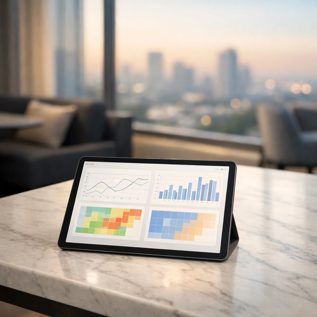 Tablet showing hotel pms data visualizations and heat maps for real-time revenue management.