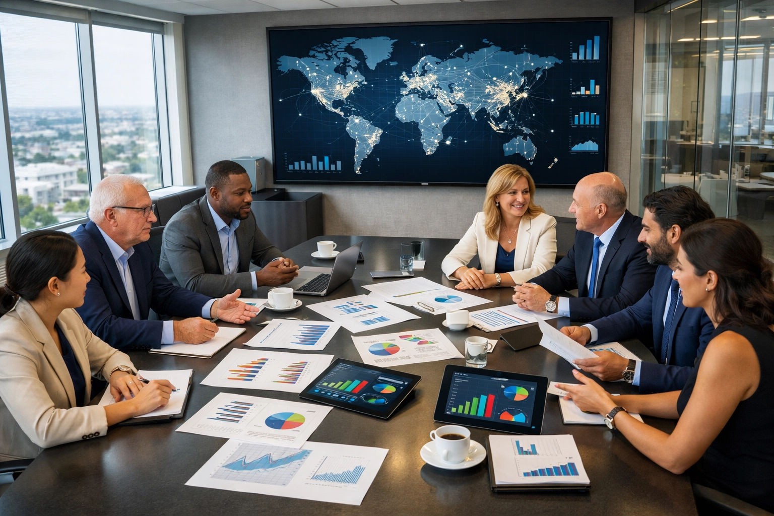 Business executives collaborating on global consulting strategy with data analytics in modern boardroom