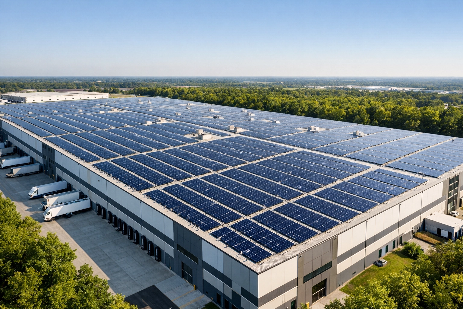 Commercial rooftop solar panels installed on a modern warehouse to maximize business energy savings.