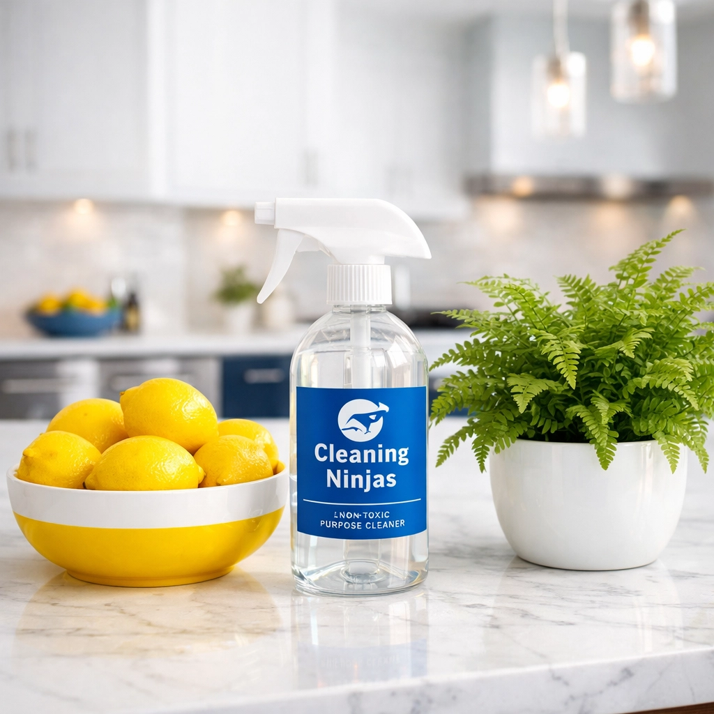 Eco-friendly cleaning products on a marble kitchen island for a healthy luxury move-in in Newton MA.