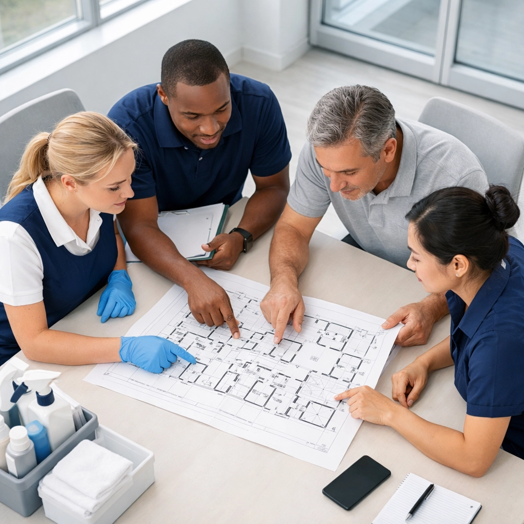 Cleaning professionals planning commercial contract strategy and floor layouts