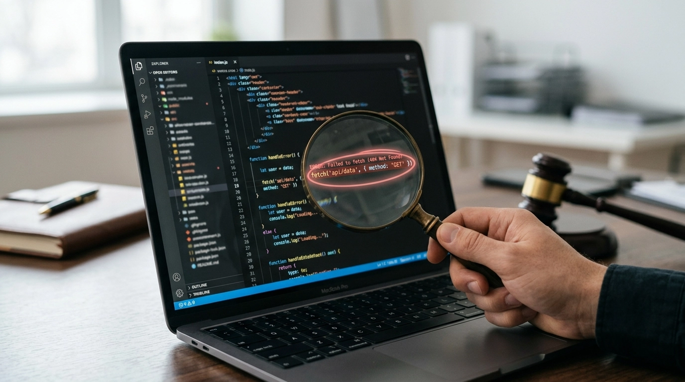 Close-up of website code with a magnifying glass highlighting an error