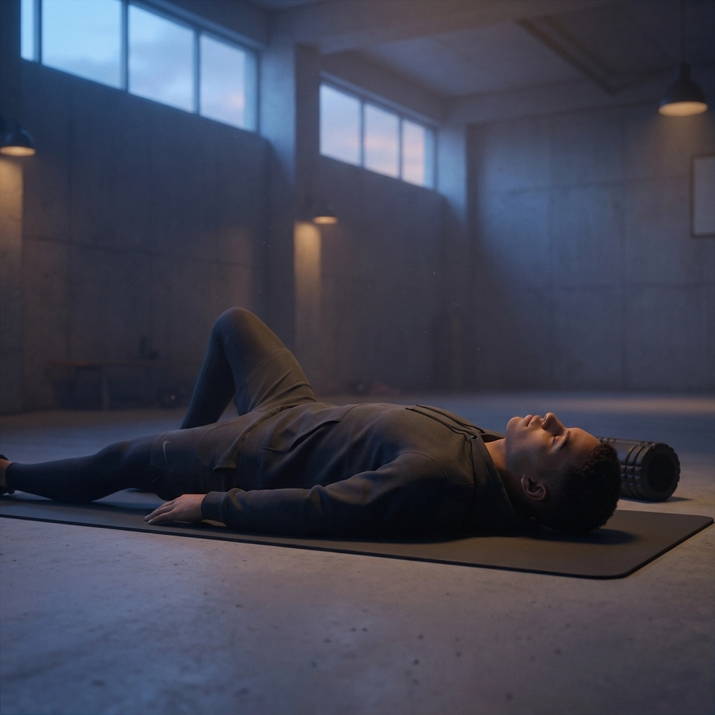 Young football athlete resting on a yoga mat in a quiet gym, highlighting CNS recovery through true rest.