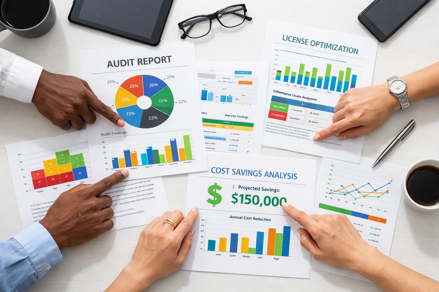 ServiceNow license audit review showing cost savings reports and optimization charts