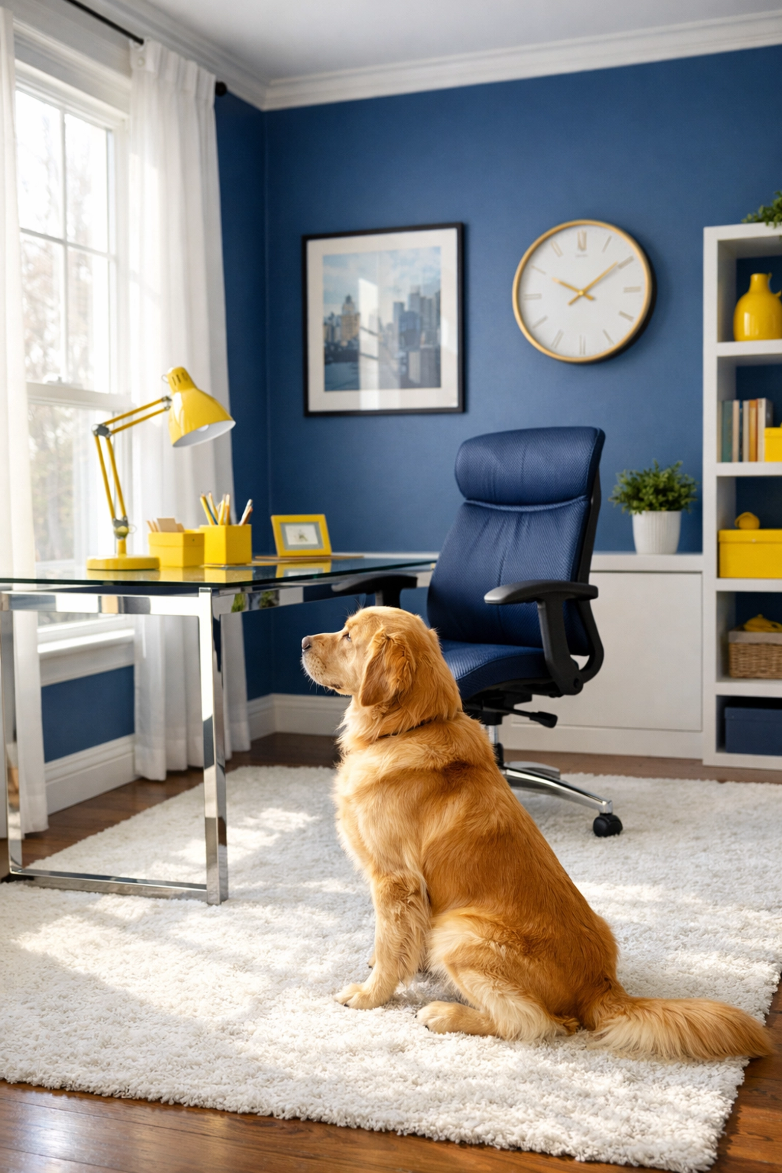 A clean, pet-friendly home office in Westborough with a happy dog on a spotless white area rug.