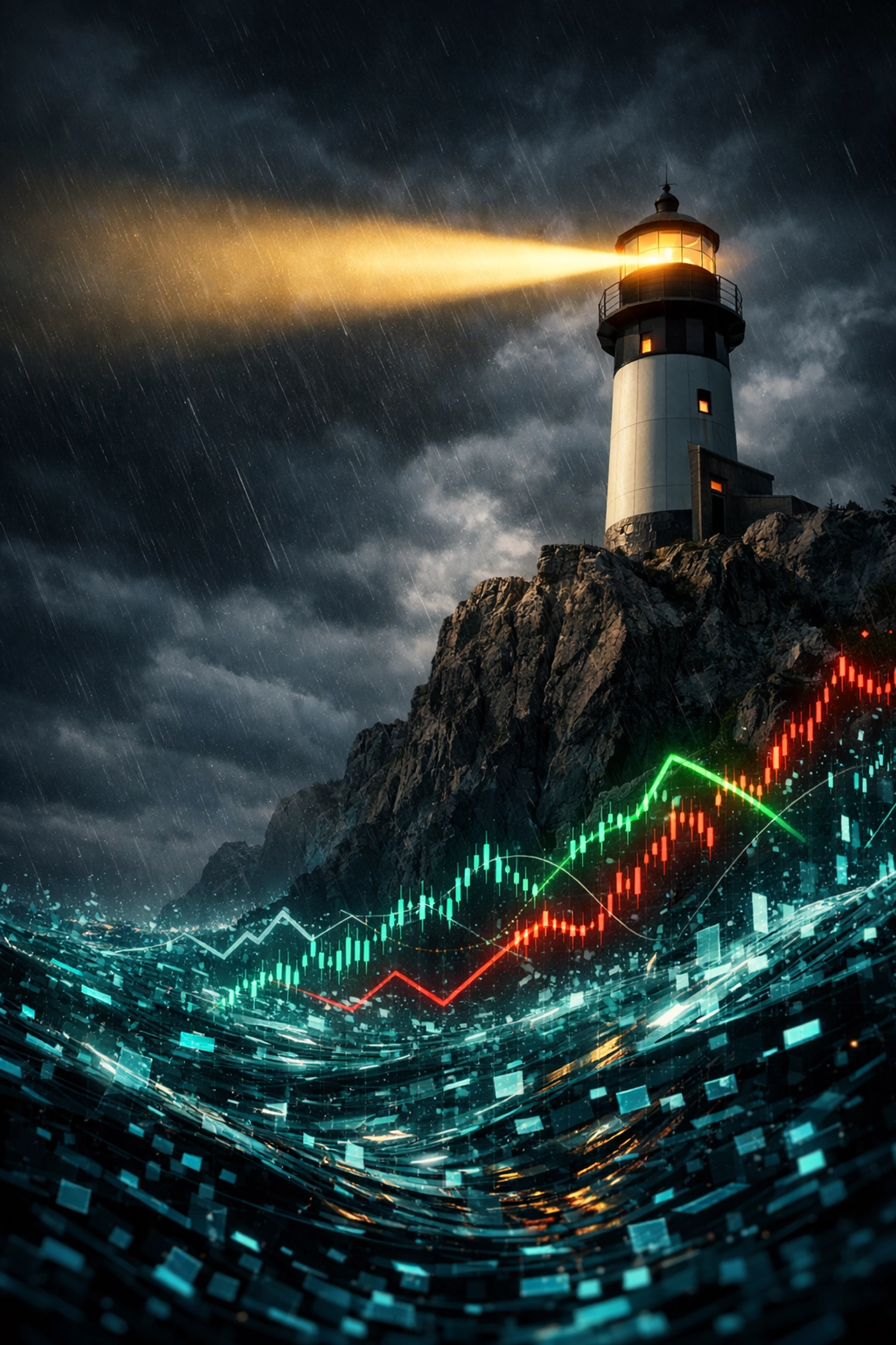 Lighthouse guiding through a digital storm to represent hedge fund risk mitigation and absolute returns.