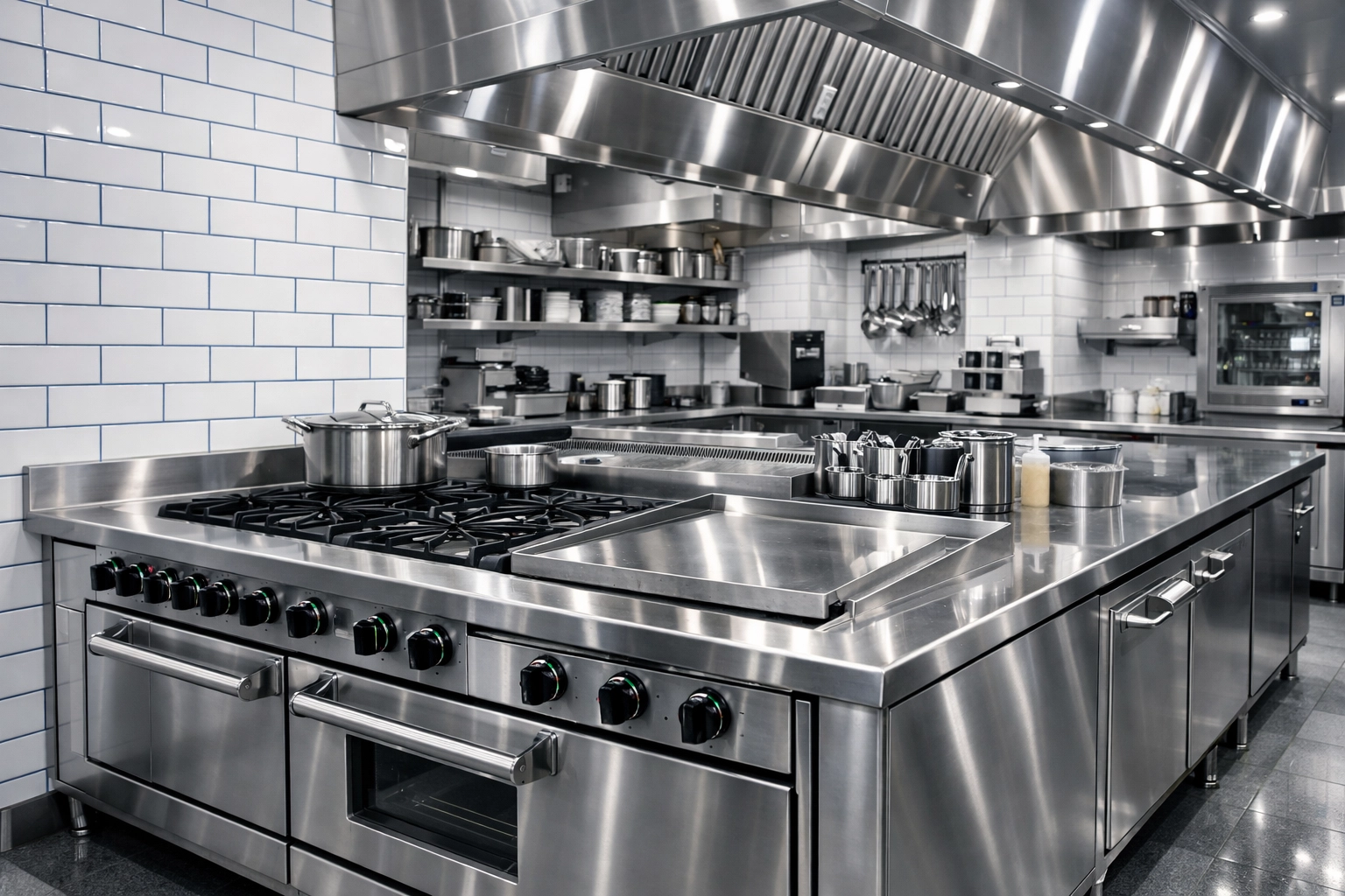 Pristine commercial kitchen in Fitchburg showing gleaming stainless steel and clean tiles.