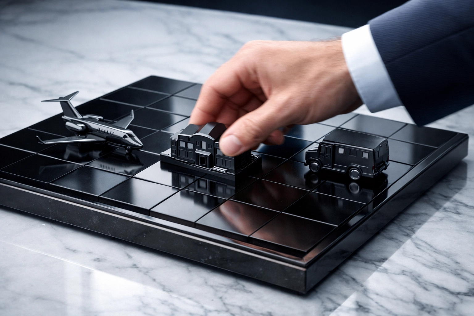 Strategic chessboard with luxury icons representing precise execution of complex household logistics.