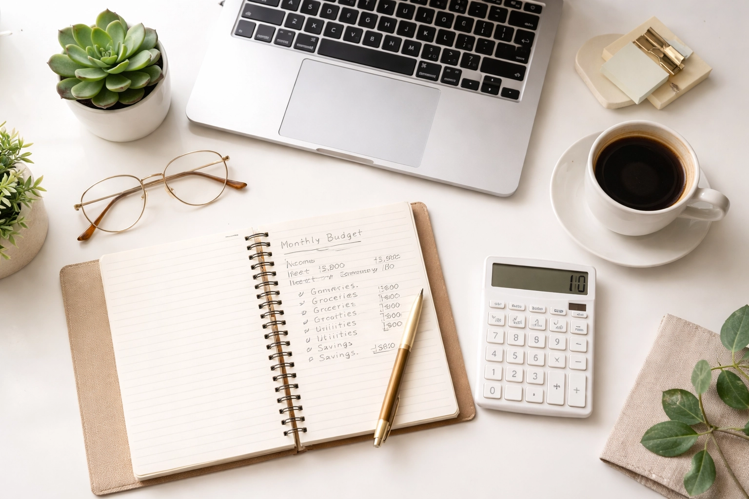 Clean organized workspace with financial tools, representing bookkeeping clarity and peace of mind