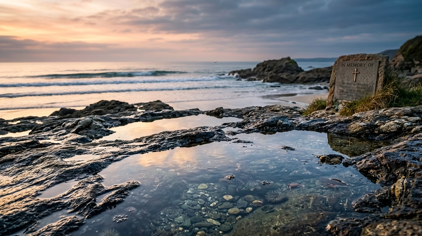 A serene coastal landscape of the Cornish coastline near Pentewan Sands showing clear water and a peaceful atmosphere.