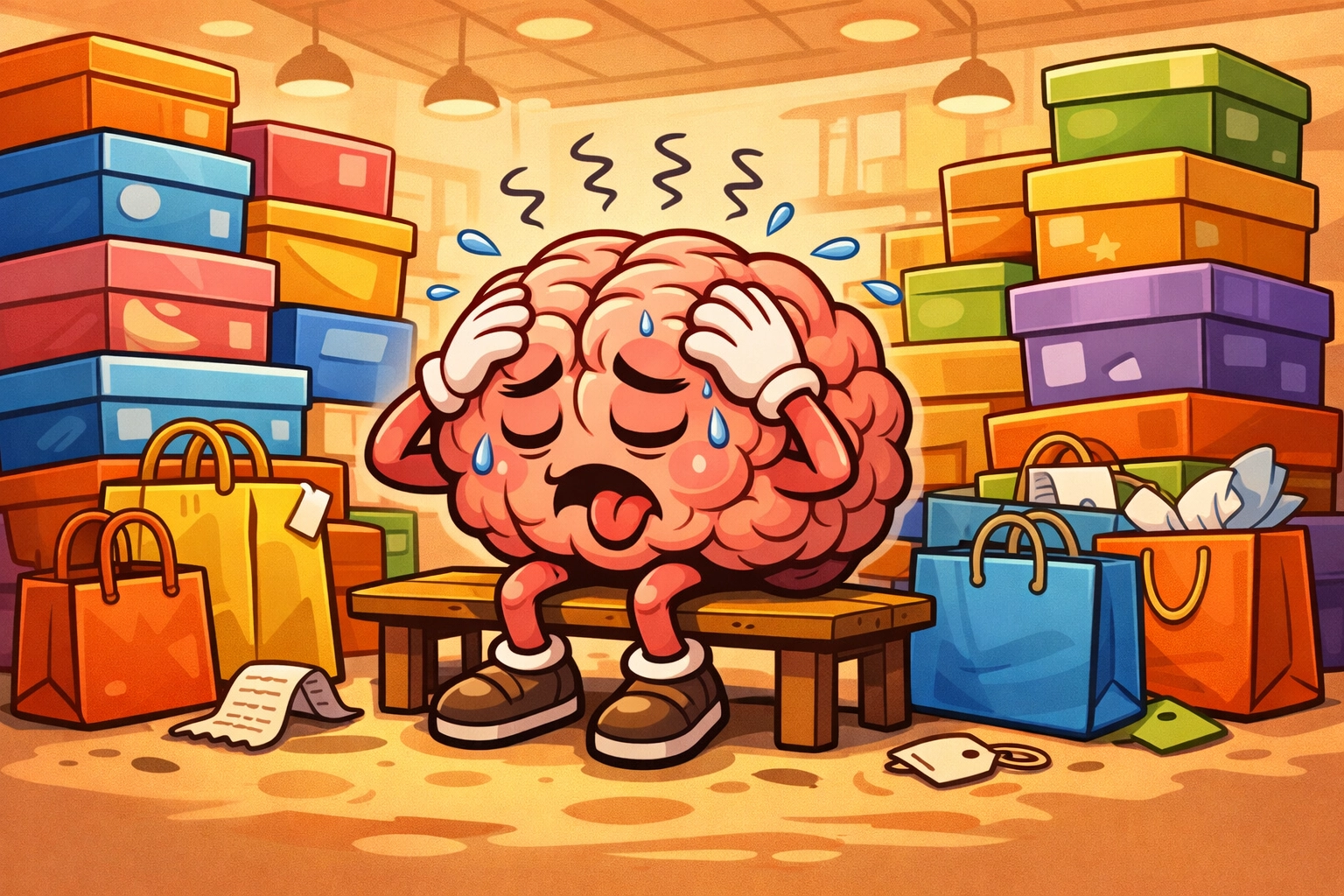 Decision fatigue illustrated as exhausted brain surrounded by too many online shopping choices