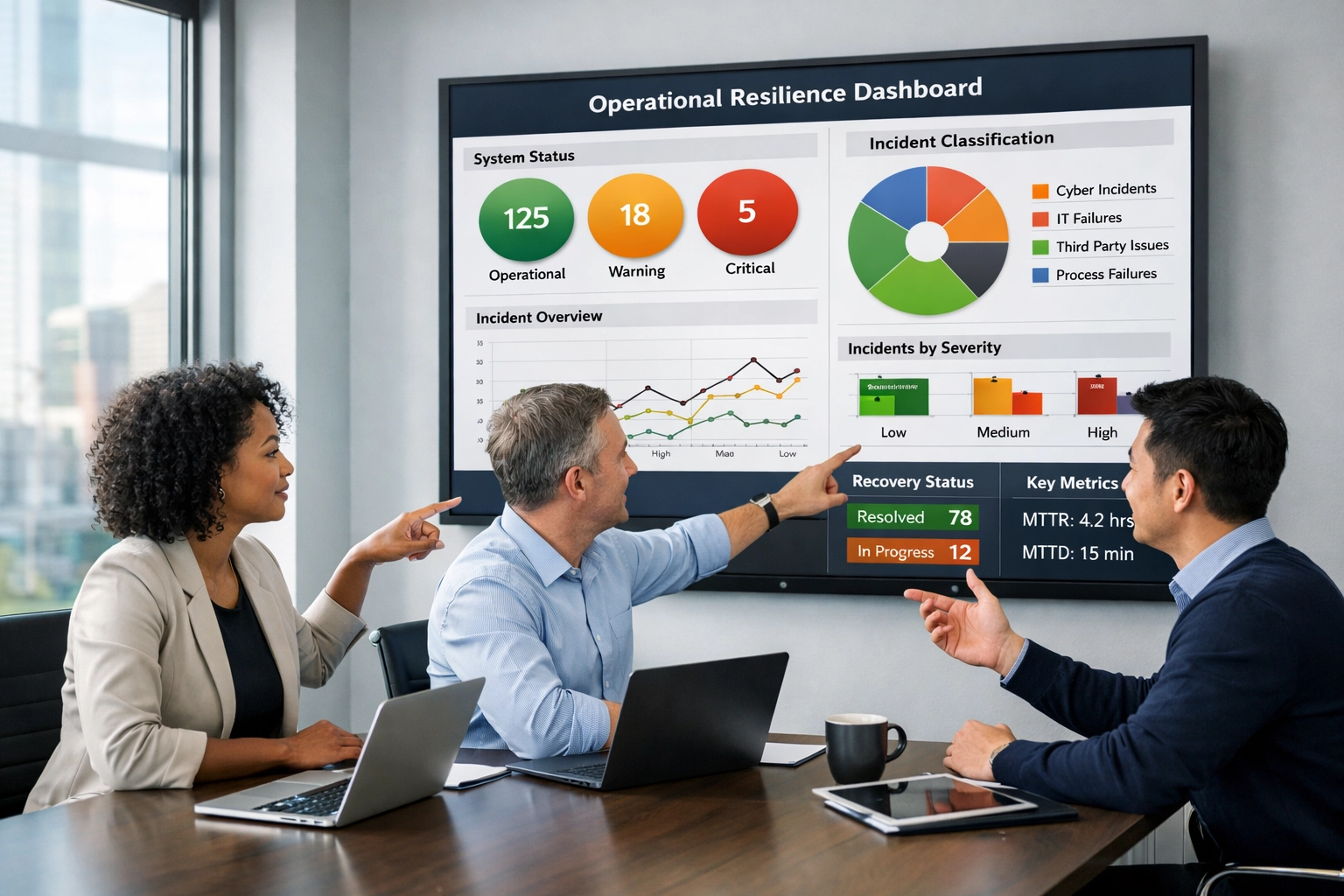 Business team reviewing DORA operational resilience dashboard in ServiceNow ITOM implementation
