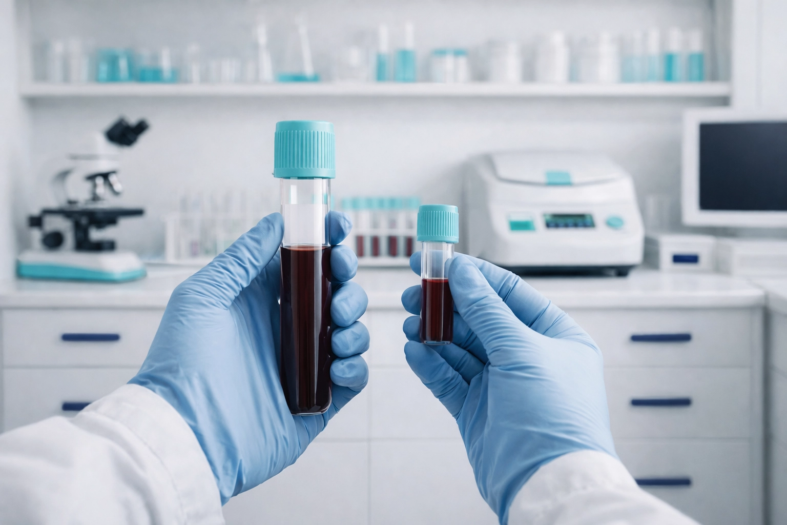 Premium clinical laboratory bench with gloved hands preparing a sample (no text, no kit packaging; Luxury Clinical lifestyle photo)