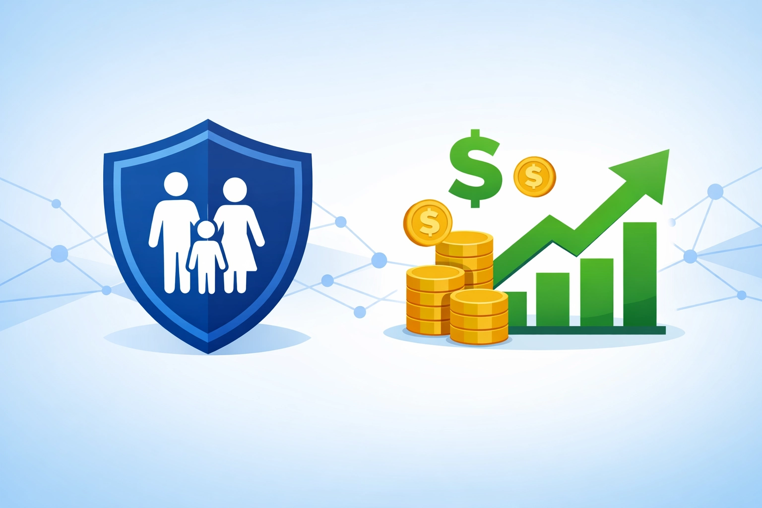Life insurance protection shield and investment growth chart showing how both work together for families