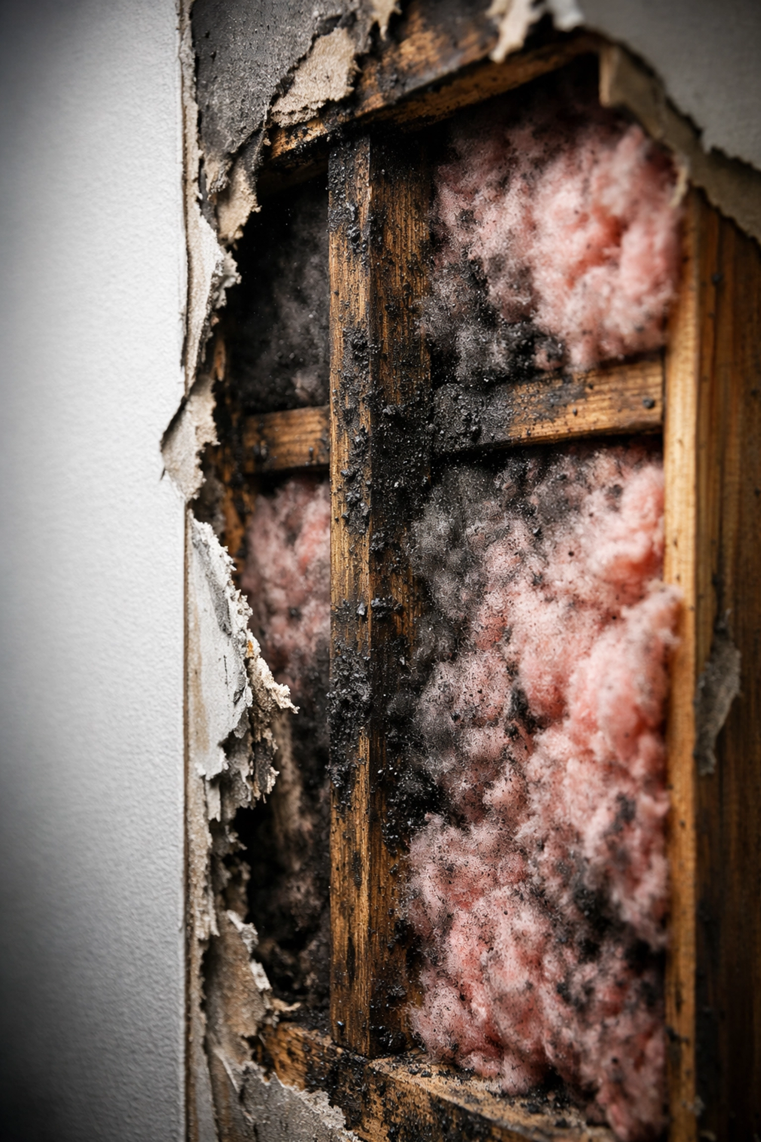 Cross-section of wall showing hidden smoke damage in insulation and drywall