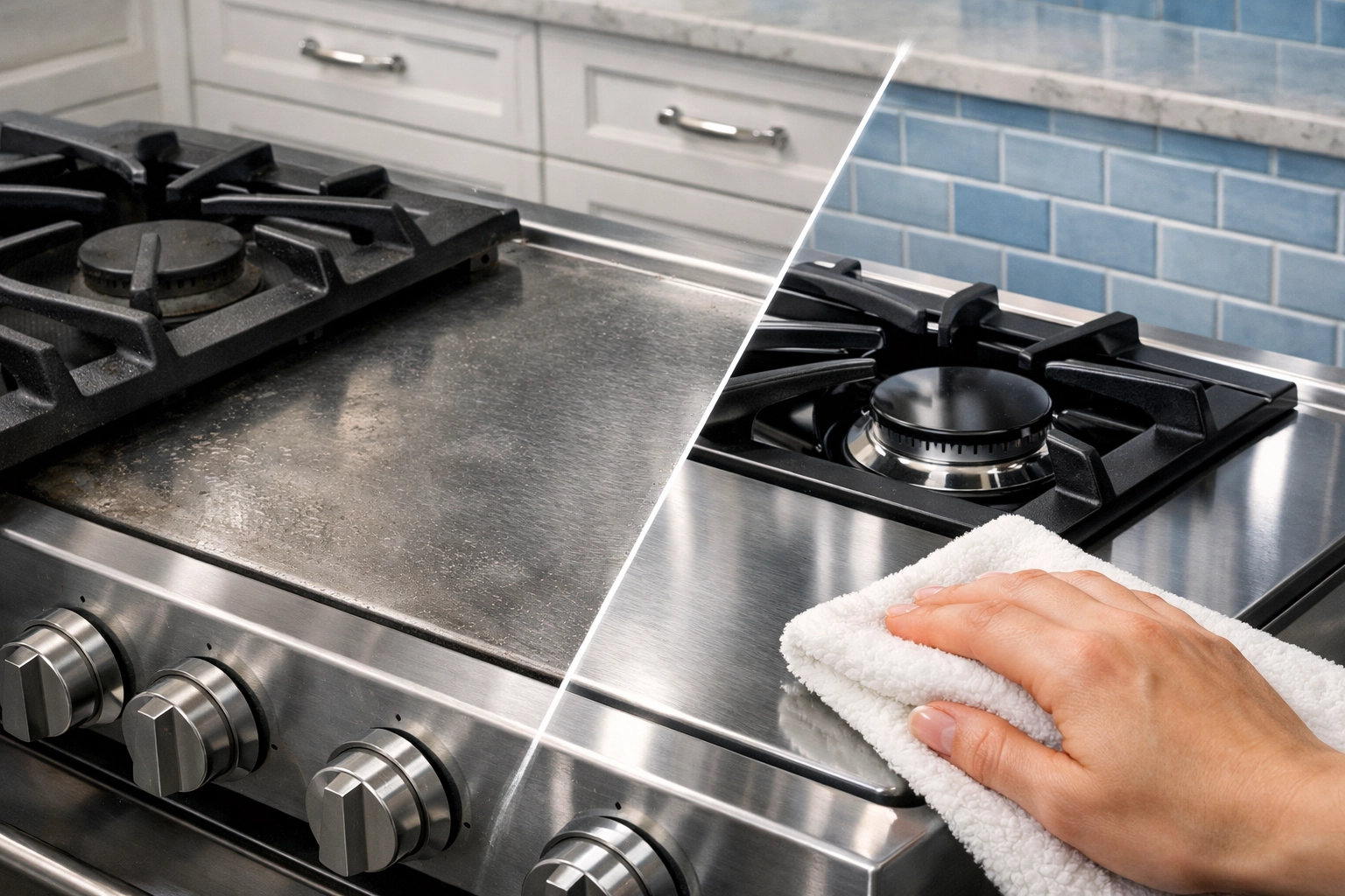 High-end stainless steel stovetop showing a shiny clean surface after natural degreasing.
