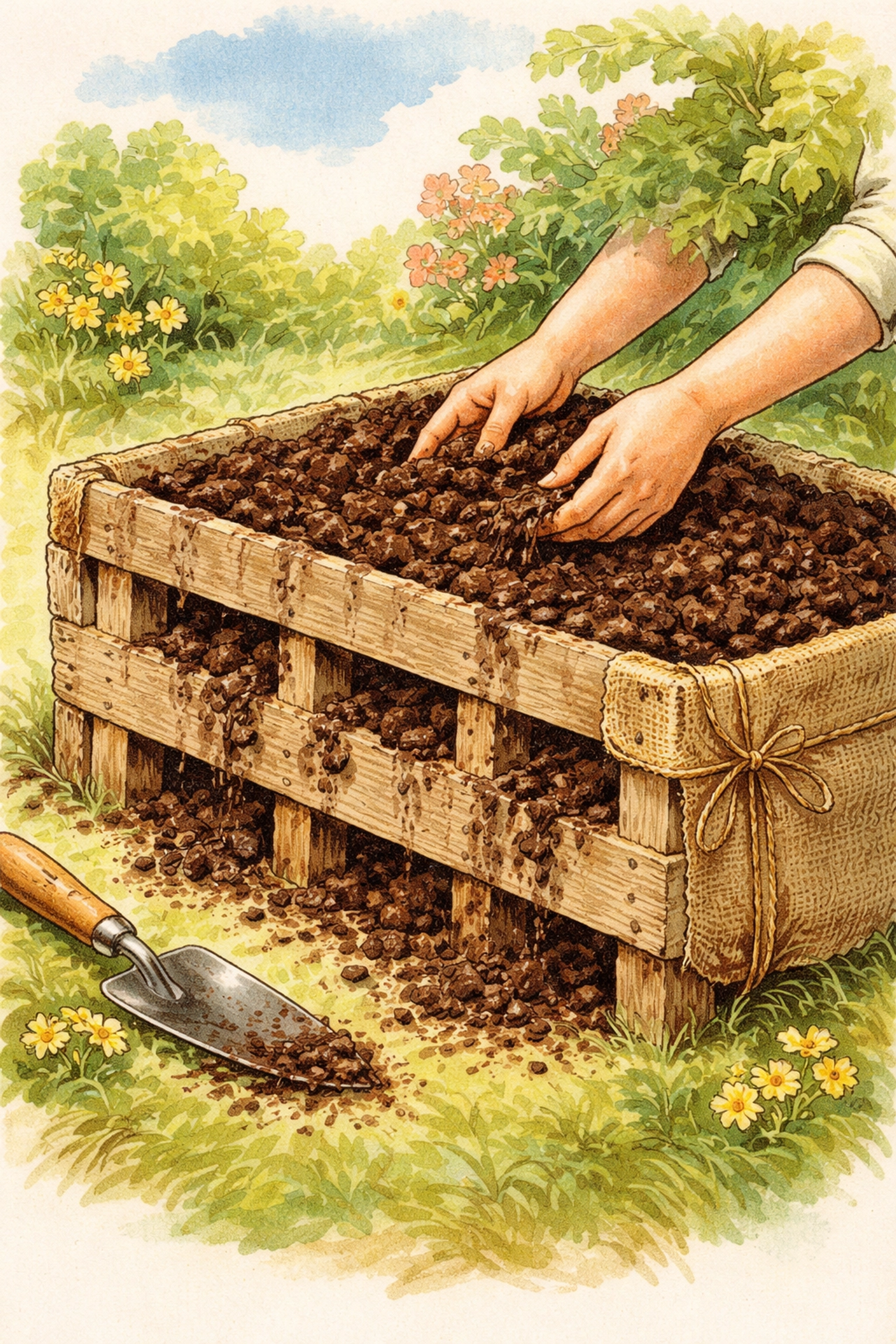 Hands filling a pallet with potting soil for a vertical garden, soil showing through the slats outdoors.