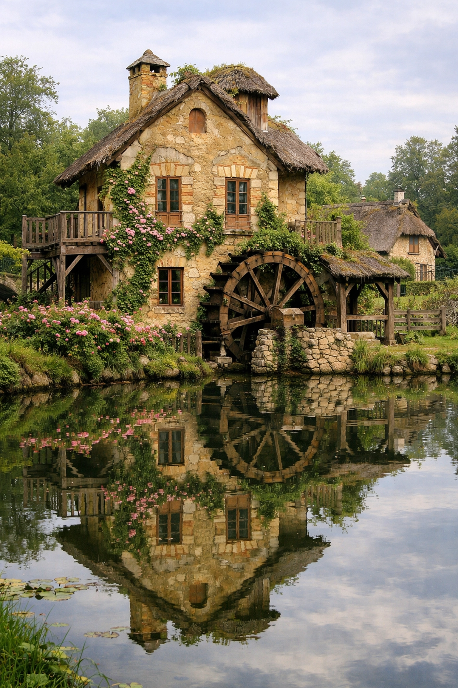 The Queen’s Hamlet cottage and water wheel reflecting in a pond, a charming Versailles photo spot.