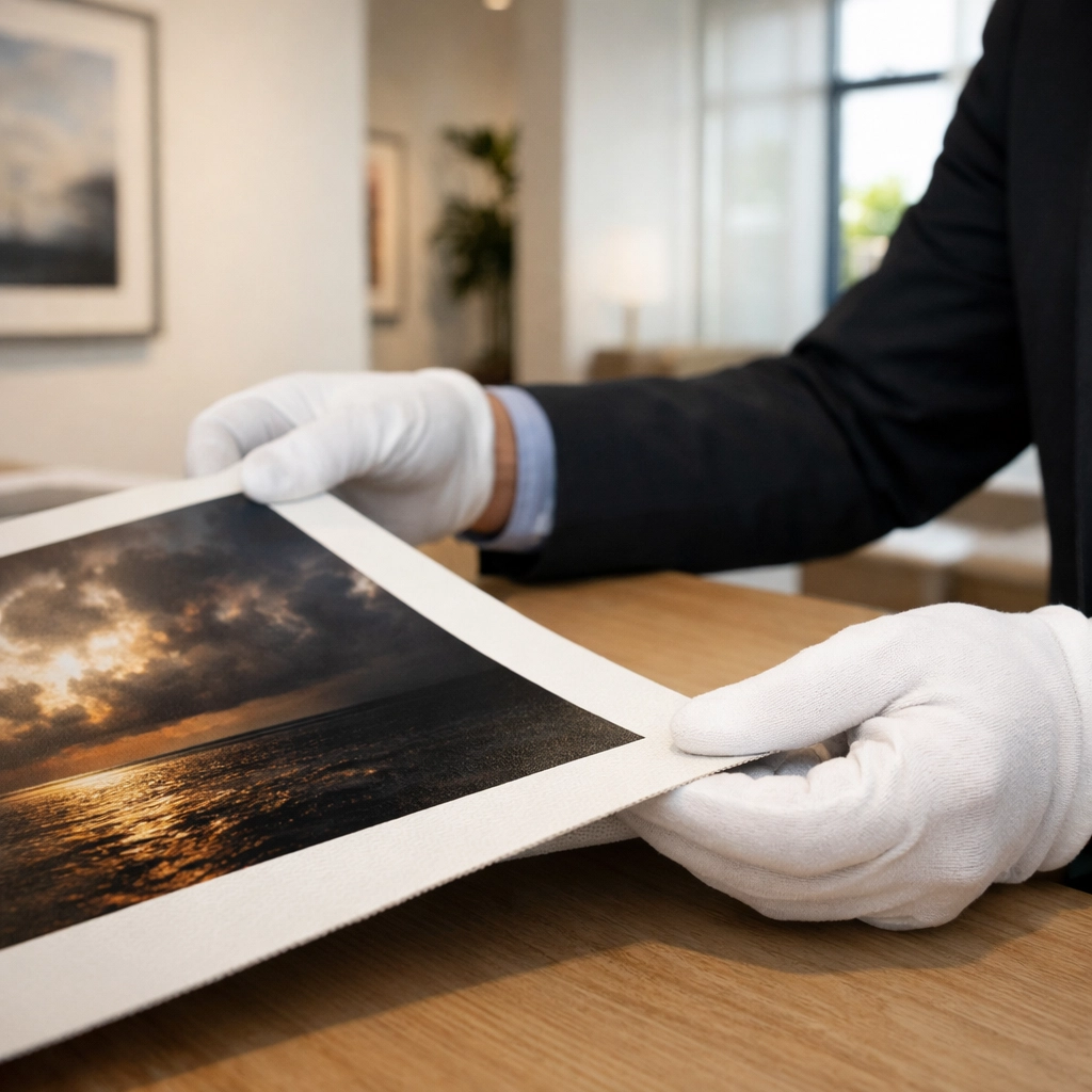 Art curator inspecting museum quality prints on archival paper in a Miami gallery.