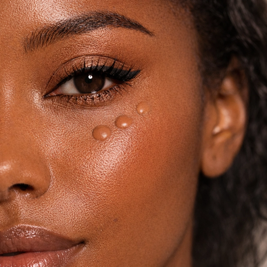 Model applying V Kosmetik liquid concealer in a triangle shape to lift and brighten the under-eye area.