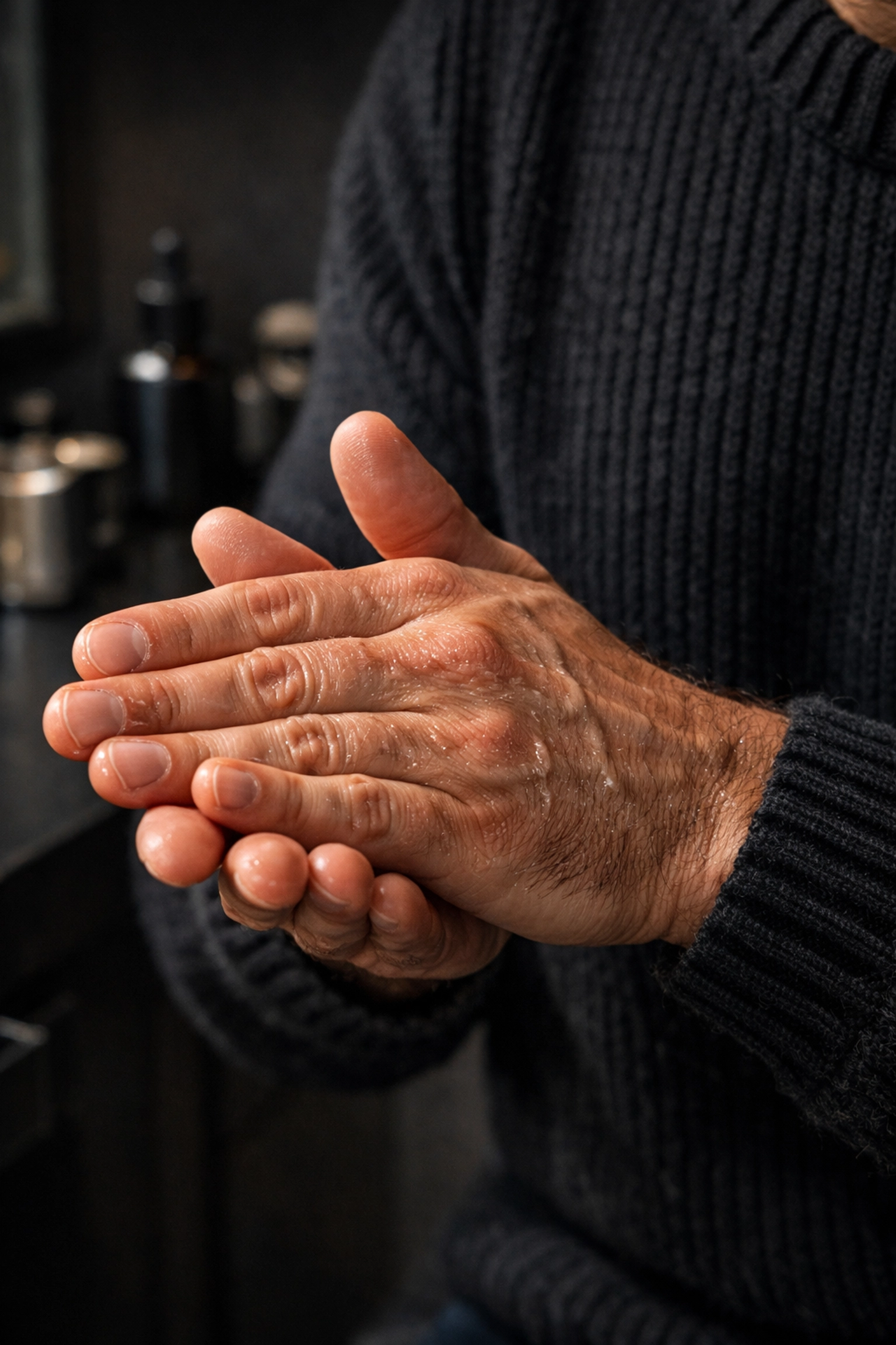 Man applying beard oil to his palms as part of a daily grooming routine for a soft, healthy beard.