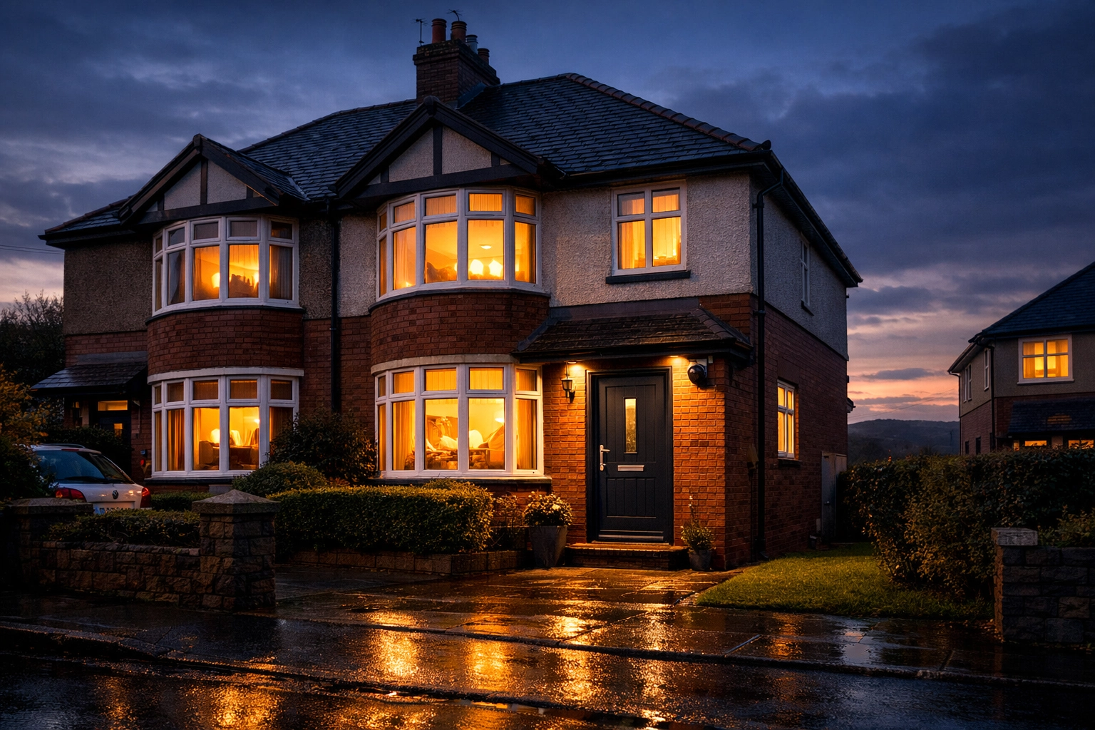 Secure home in Newport at twilight with professional CCTV installation near the front door.