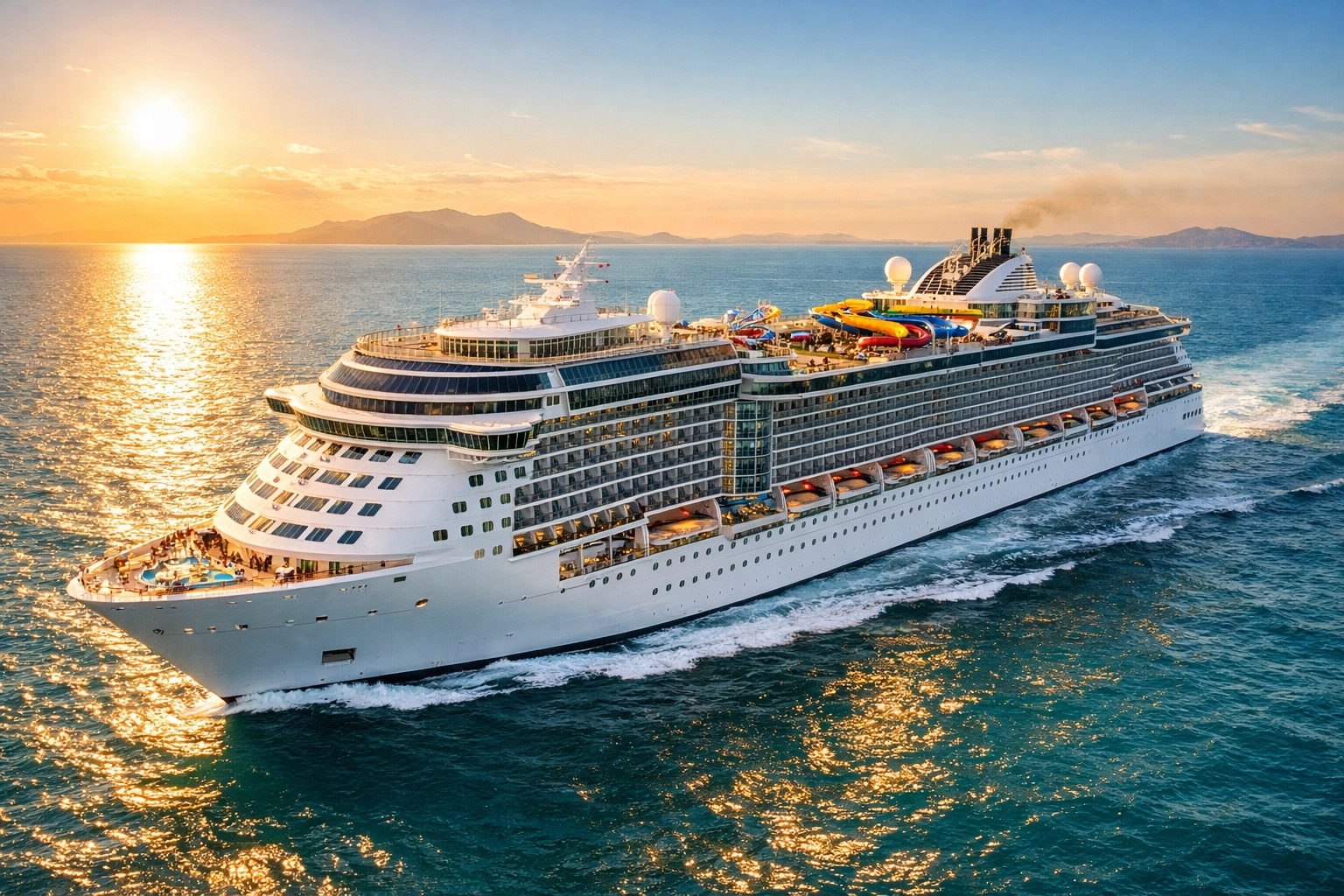 Large luxury cruise ship sailing on the Mediterranean sea, perfect for a first-time cruise holiday.