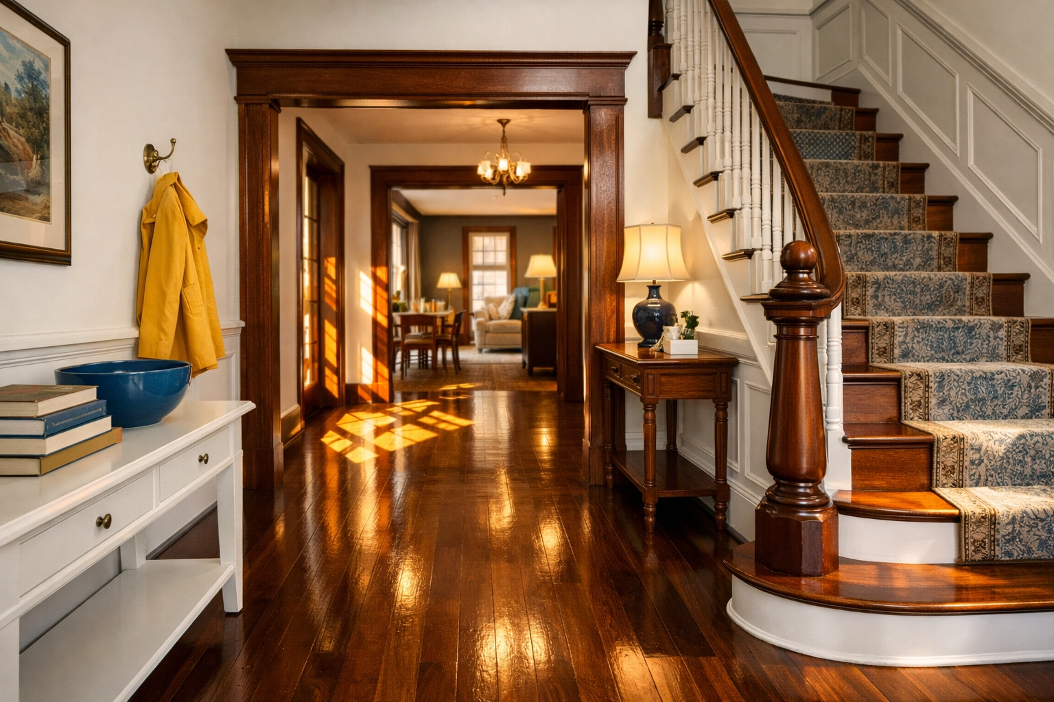 Gleaming hardwood floors in a historic entryway after a thorough deep cleaning Worcester.