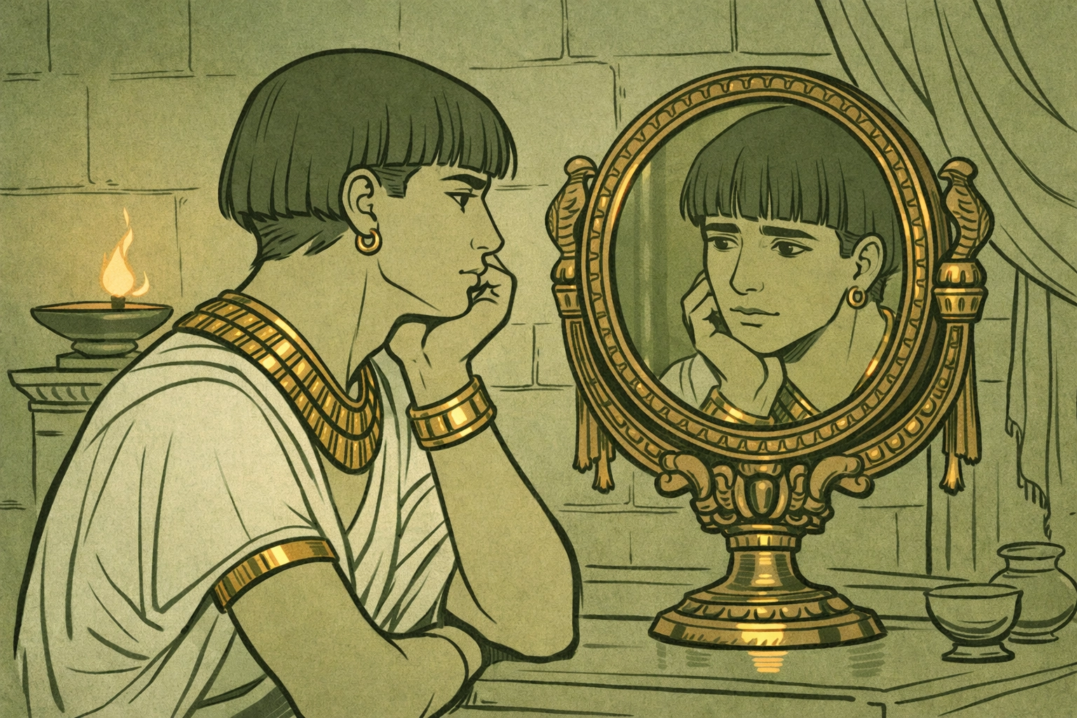 Egyptian pharaoh's male consort gazing at mirror reflection in palace chamber showing emotional vulnerability