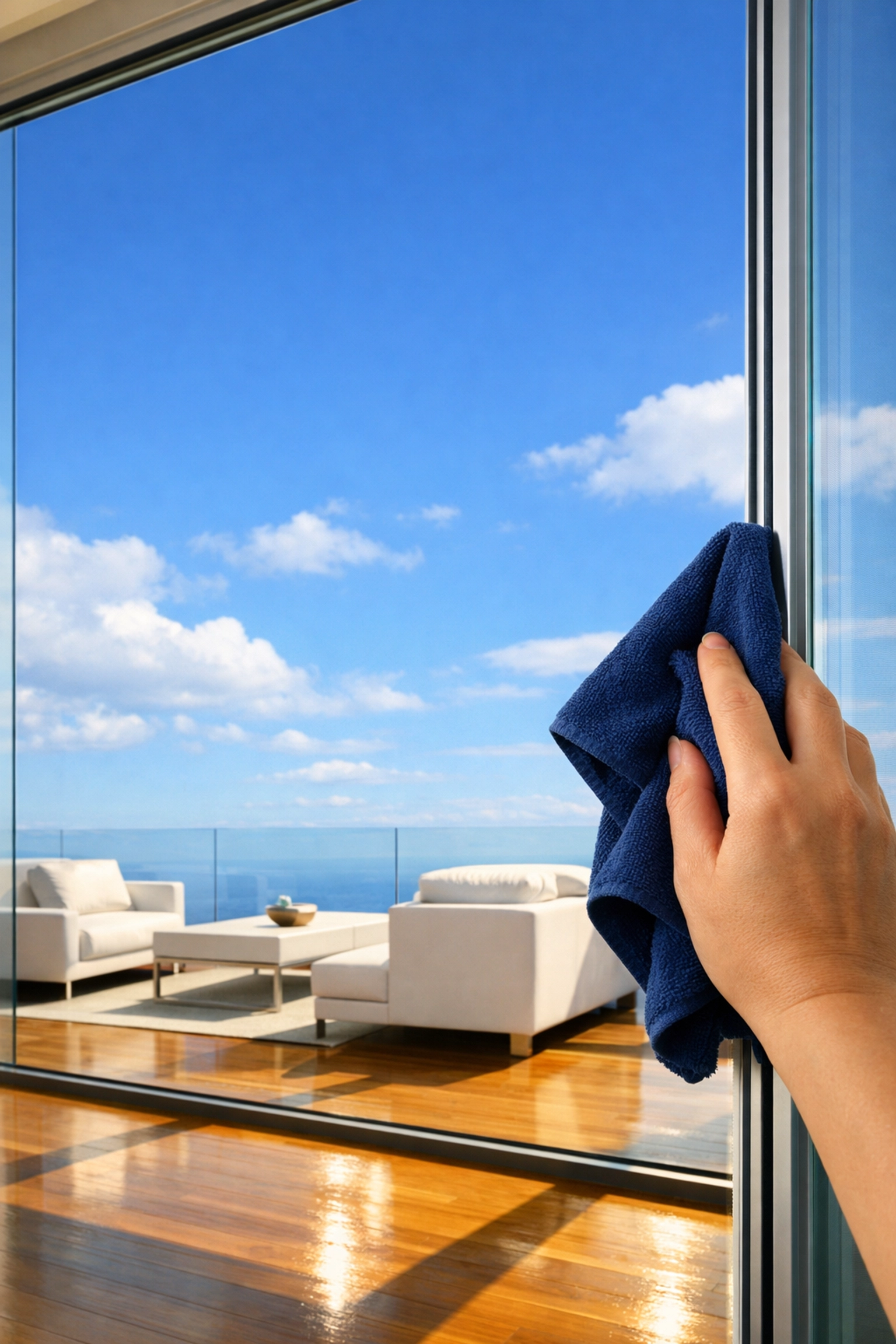Hand polishing a streak-free floor-to-ceiling window with a soft cloth for a clear view.