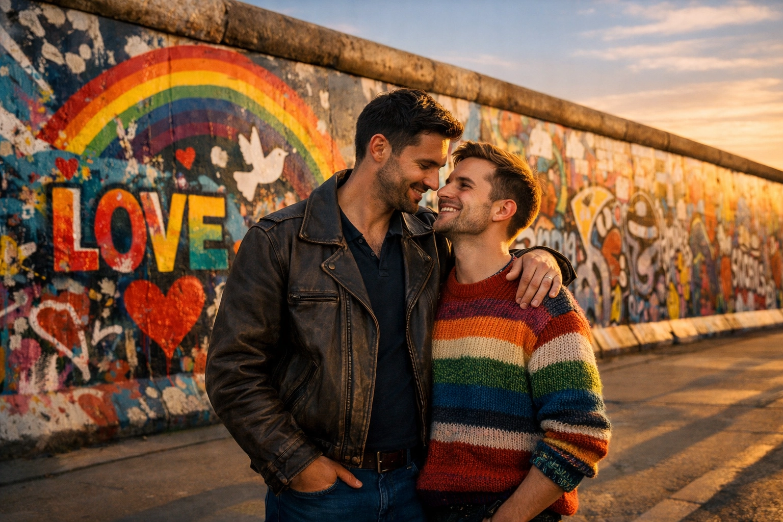 A romantic gay couple stands before the vibrant graffiti art of the Berlin Wall at the East Side Gallery.