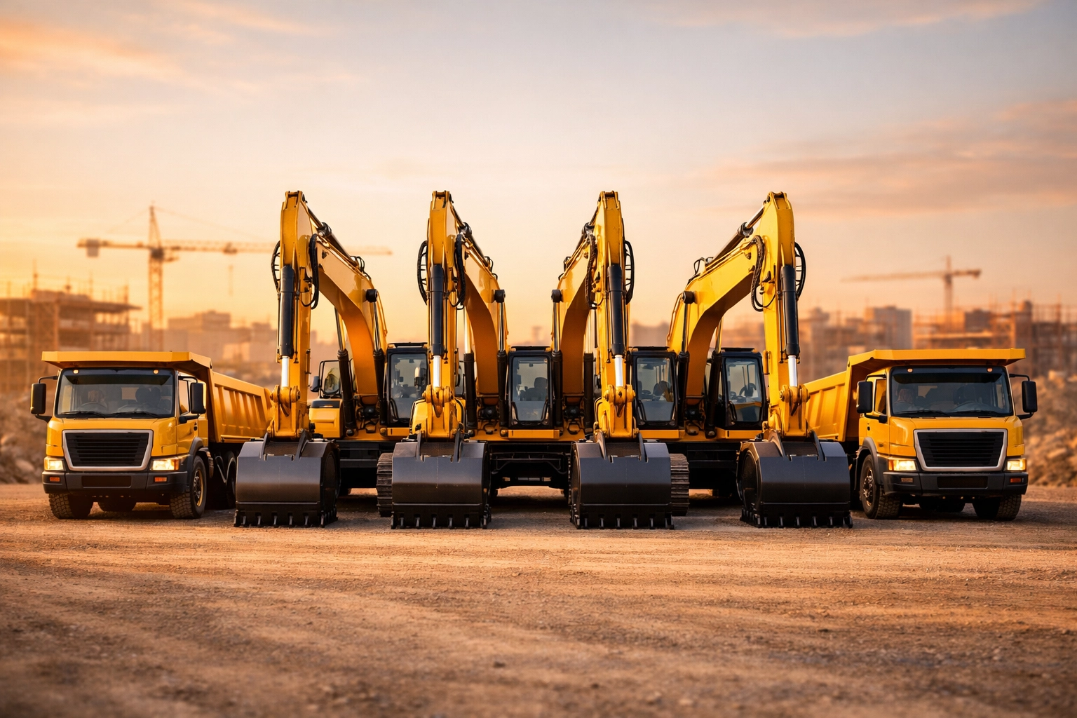 New excavators and dump trucks at a construction site funded through equipment financing.
