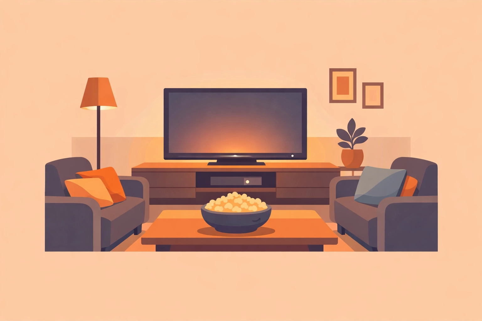 Cozy family living room setup for Christian-safe movie night with TV and popcorn