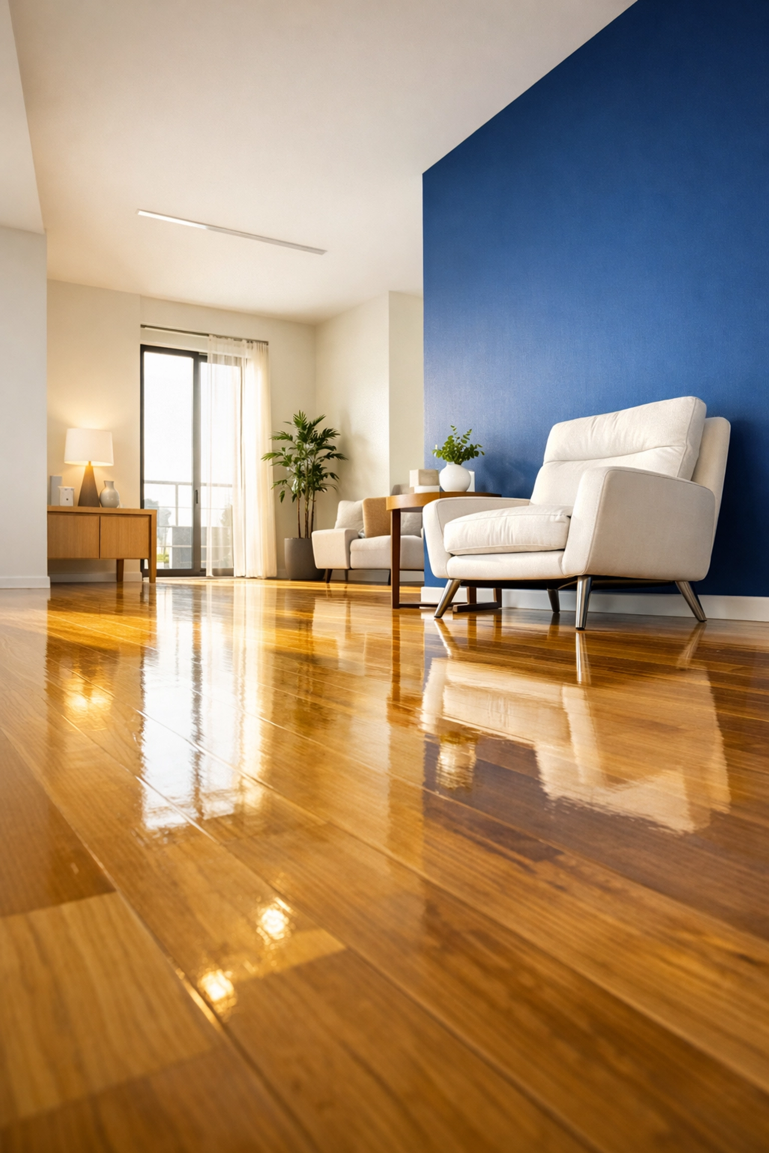 Polished hardwood floors in a sunlit living area, a result of regular apartment cleaning Acton MA.