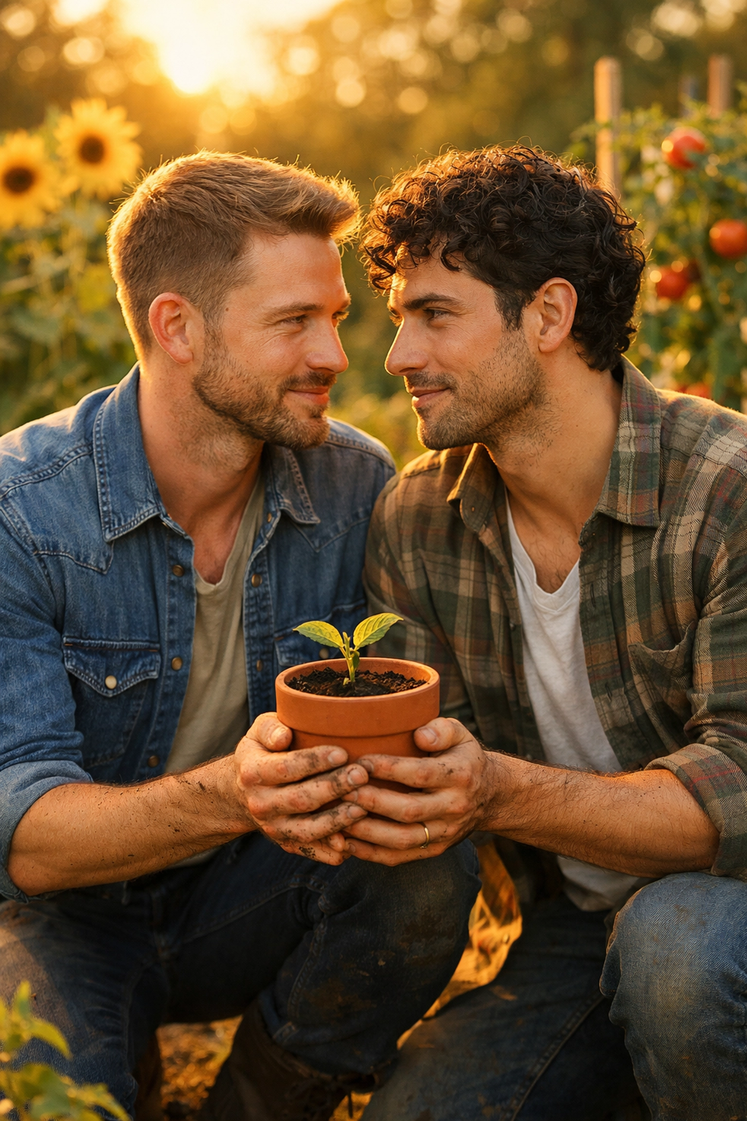 Two gay men share a romantic moment while gardening together in a community plot.