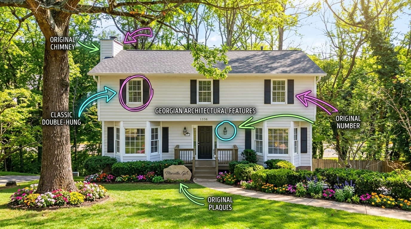 A warm farmhouse-style home exterior with a subtle real estate dashboard concept and colorful hand-drawn accents suggesting smart local insight. A warm farmhouse-style home exterior with a subtle real estate dashboard concept and colorful hand-drawn accents suggesting smart local insight.