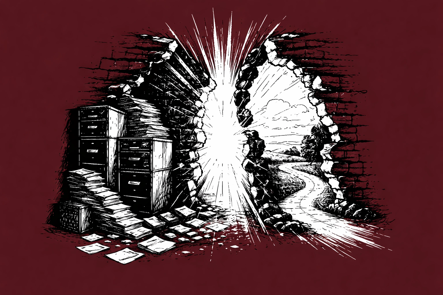 Illustration of a crumbling wall with light shining through, depicting breaking barriers for creative talent onboarding
