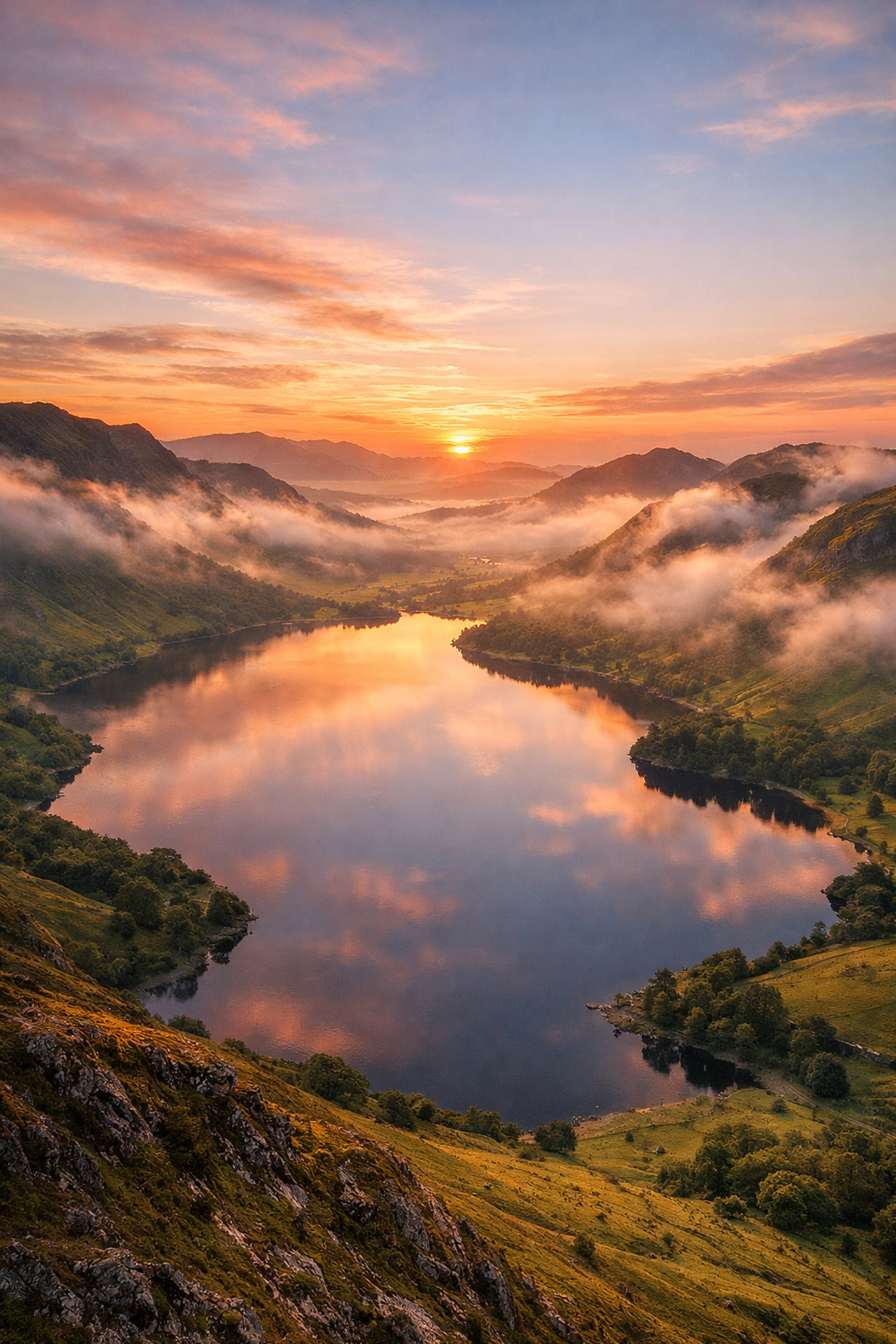 Tranquil aerial view of a lake in the Lake District, an ideal UK beauty spot for scattering cremation ashes.