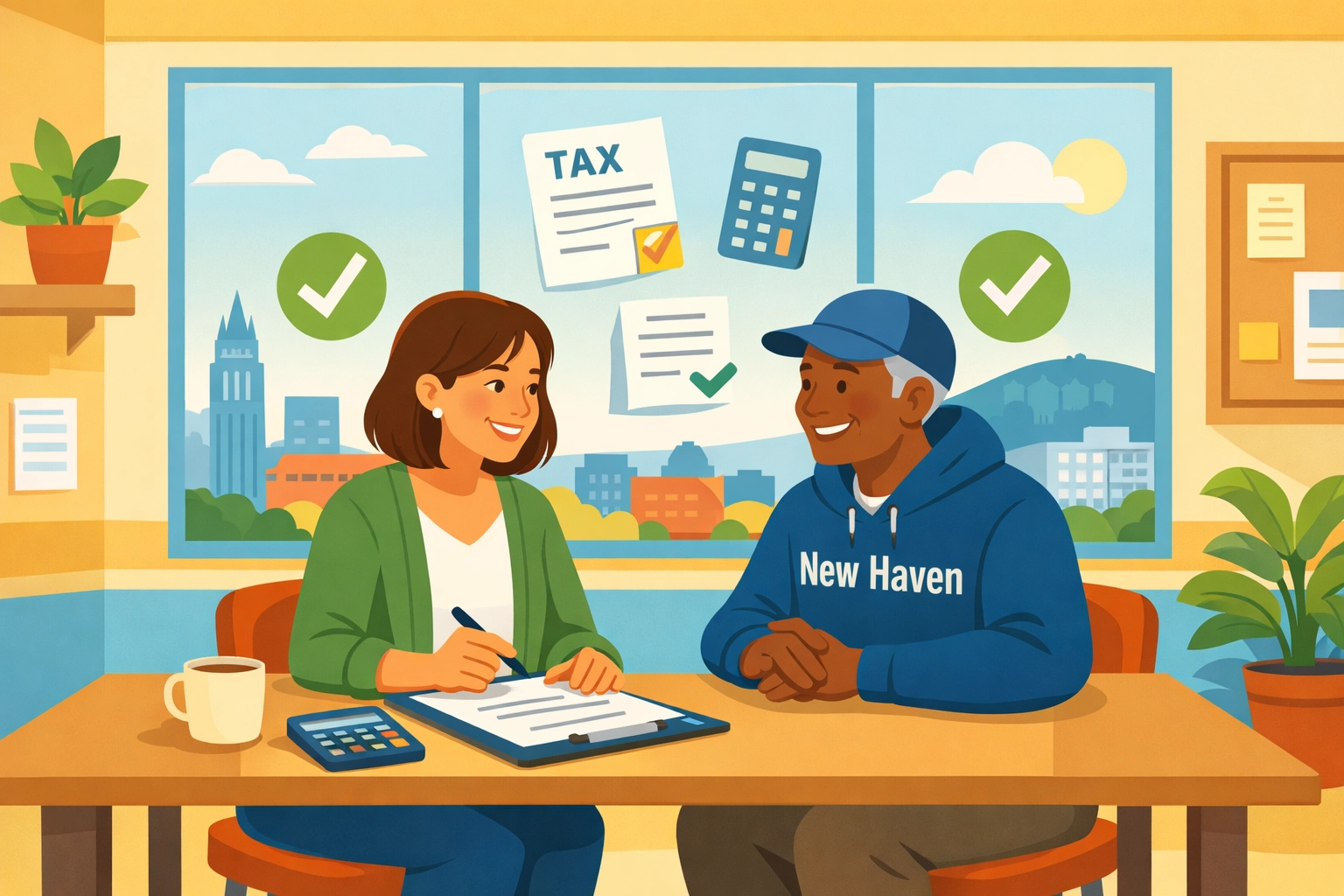 Volunteer tax preparer assisting New Haven resident with free VITA tax preparation