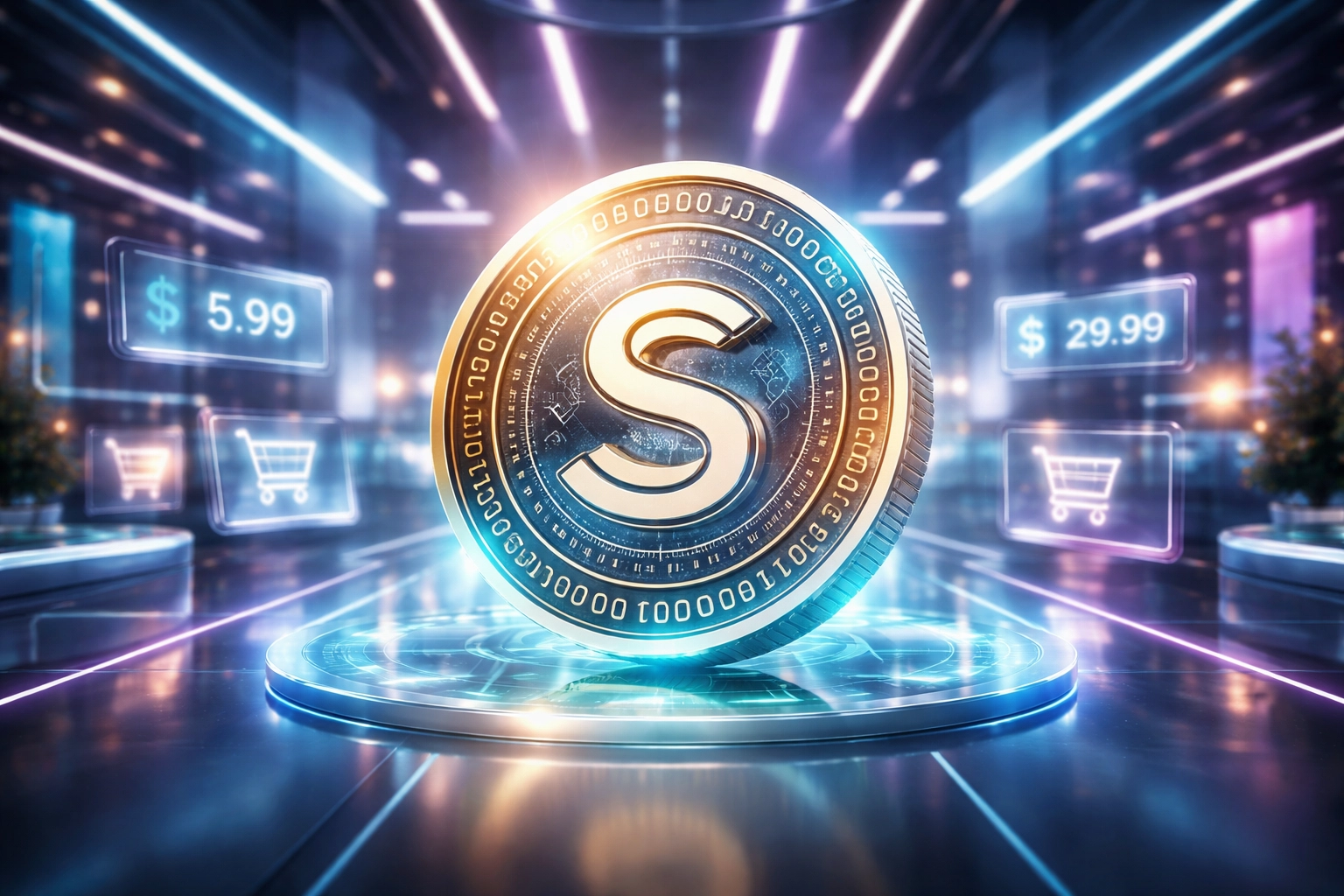 Digital stablecoin glowing in a virtual marketplace, symbolizing Larecoin’s LUSD for stable crypto payments