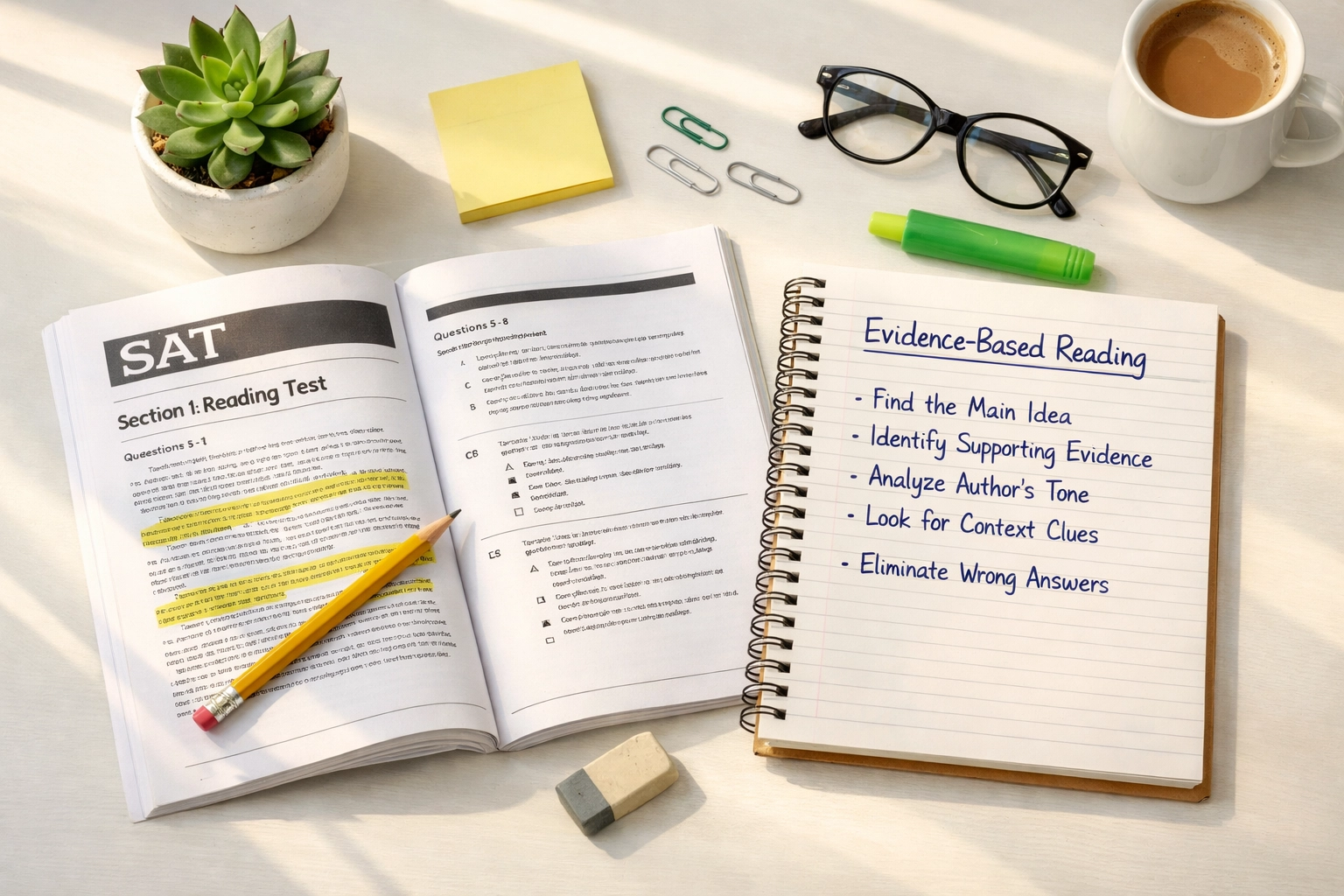 Student desk with open SAT practice test, highlighted reading passages, and evidence-based reading notes