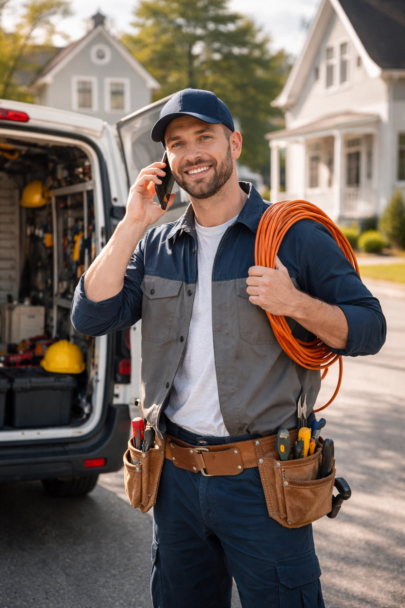 Portland Maine electrician answering emergency call beside service van in residential neighborhood