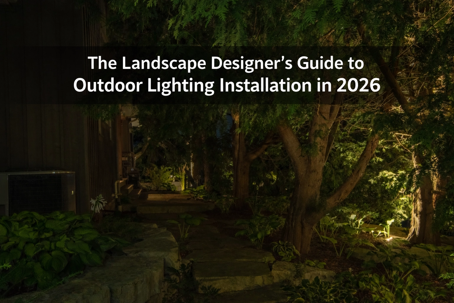 Landscape designer reviewing outdoor lighting plan with illuminated pathway lights in background