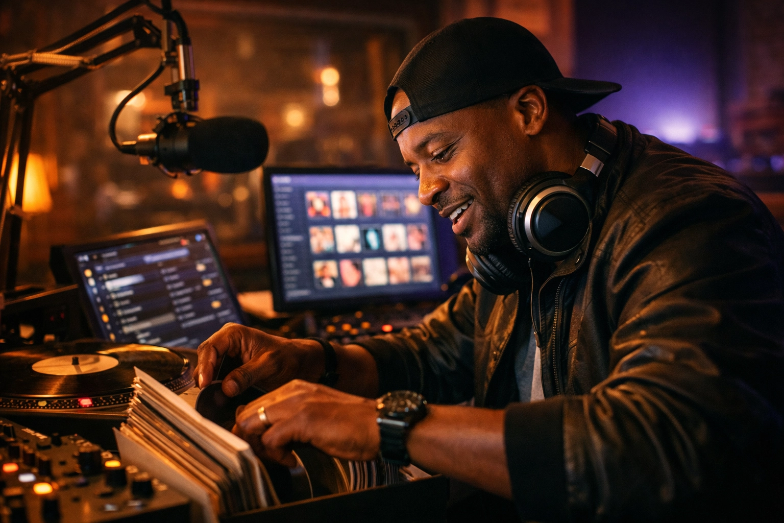 DJ discovering underground hip hop music in radio booth with vinyl records and digital equipment