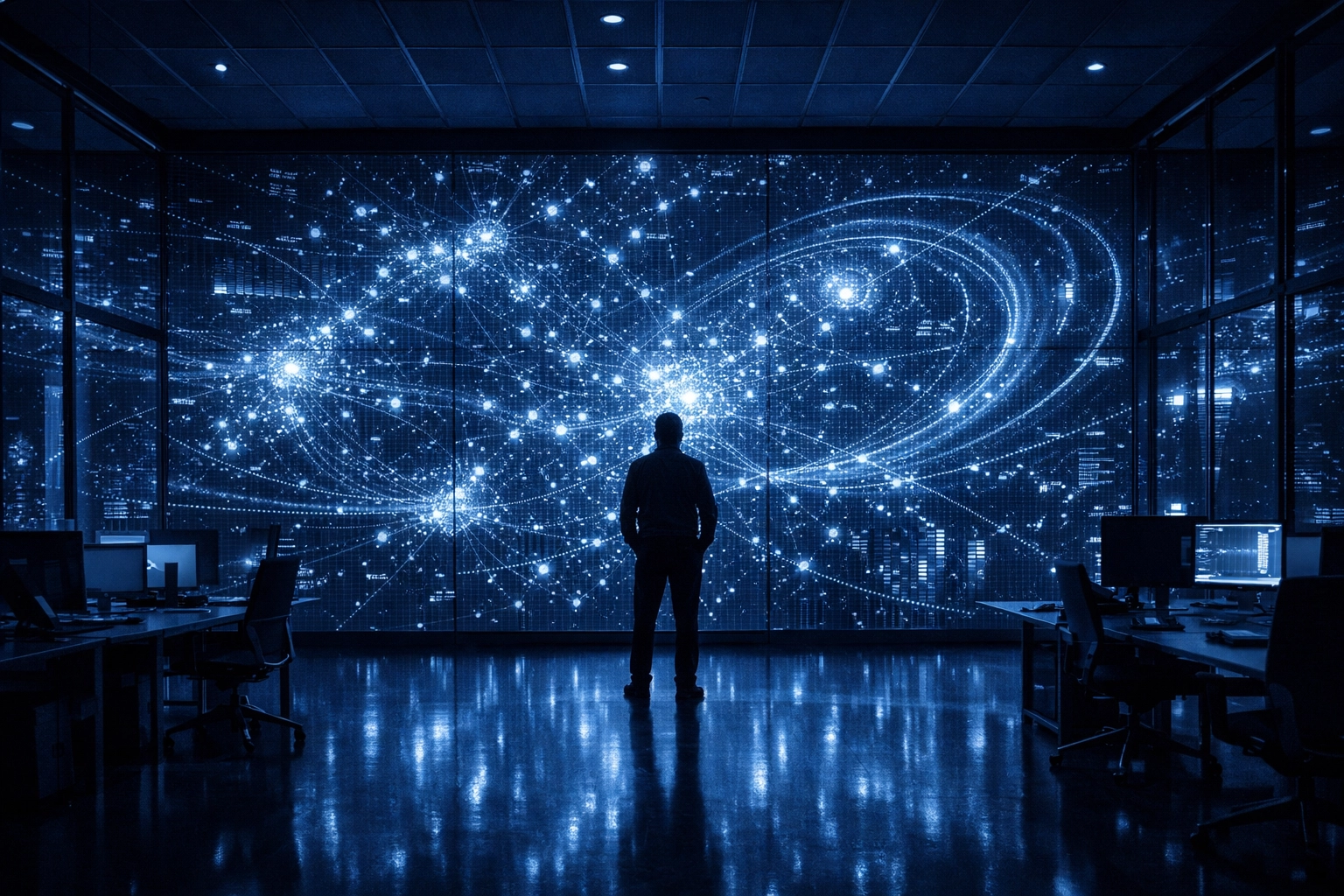 Modern office displaying complex data networks representing Gemini AI's large context window.